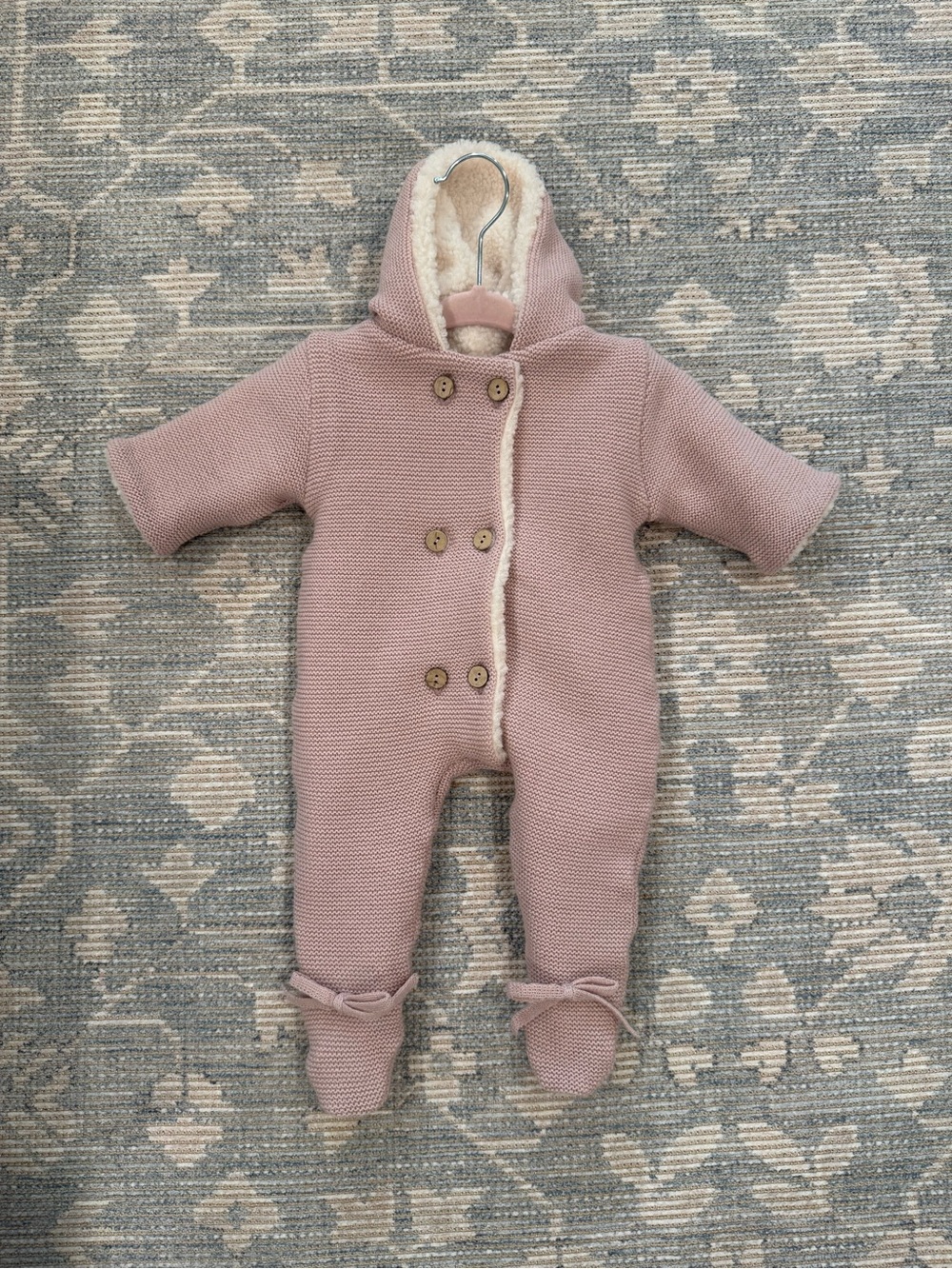 Mebi Cozy Hooded Knit Baby One-Piece in Dusty Rose